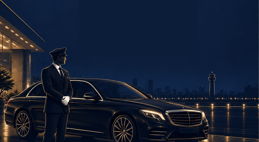 A chauffeur standing beside a luxury car with a private jet on the tarmac